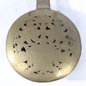 A BRASS, IRON AND COPPER WARMING PAN, DUTCH, CIRCA 1700.