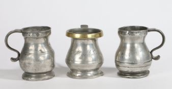 THREE GEORGE III PEWTER GILL CAPACITY POT-BELLY MEASURES, ONE WITH BRASS RIM, CIRCA 1800.
