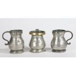 THREE GEORGE III PEWTER GILL CAPACITY POT-BELLY MEASURES, ONE WITH BRASS RIM, CIRCA 1800.