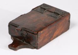 A DELIGHTFUL BOARDED ELM TINDER BOX, COMPLETE WITH STEEL, FLINT ETC., ENGLISH/WELSH, CIRCA 1700.