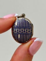 Antique Blue Enamel Greek Key Design Gold Locket Pendant