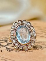 Outstanding Rose Cut Diamond and Aquamarine Ring in Gold