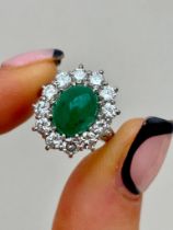Large Cabochon Emerald and Diamond Cluster Ring