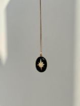 Antique Gold Black Enamel Pearl Starburst Pendant in Gold Chain