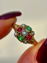 Antique 12ct Gold Emerald, Garnet and Pearl, Sweet Ring