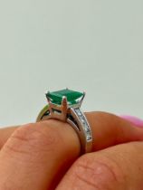 Chunky Platinum Graduated Diamond Princess Cut Shoulders and Emerald Ring