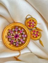 Antique 18ct Yellow Gold Pink Torpedo Earrings and Brooch Suite in Fitted Box