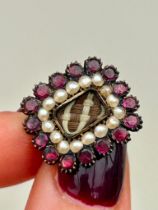 Outstanding Flat Cut Garnet and Pearl Braided Hair Brooch / Pendant in Gold