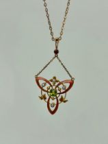 Antique Art Nouveau Enamel Peridot Tourmaline and Pearl on 9ct Chain in Antique Box