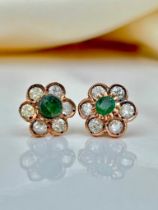 Emerald and Diamond Flower Earrings in Gold