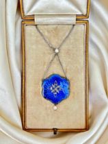 Outstanding Boxed Platinum Enamel and Diamond Necklace