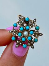 Antique Pearl and Turquoise Flower Pendant / Brooch