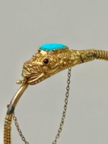 Antique 18ct Yellow Gold Snake Bangle with Turquoise Head in Box