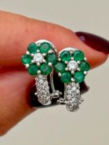 Wonderful 18ct White Gold Emerald and Diamond Flower Design Earrings