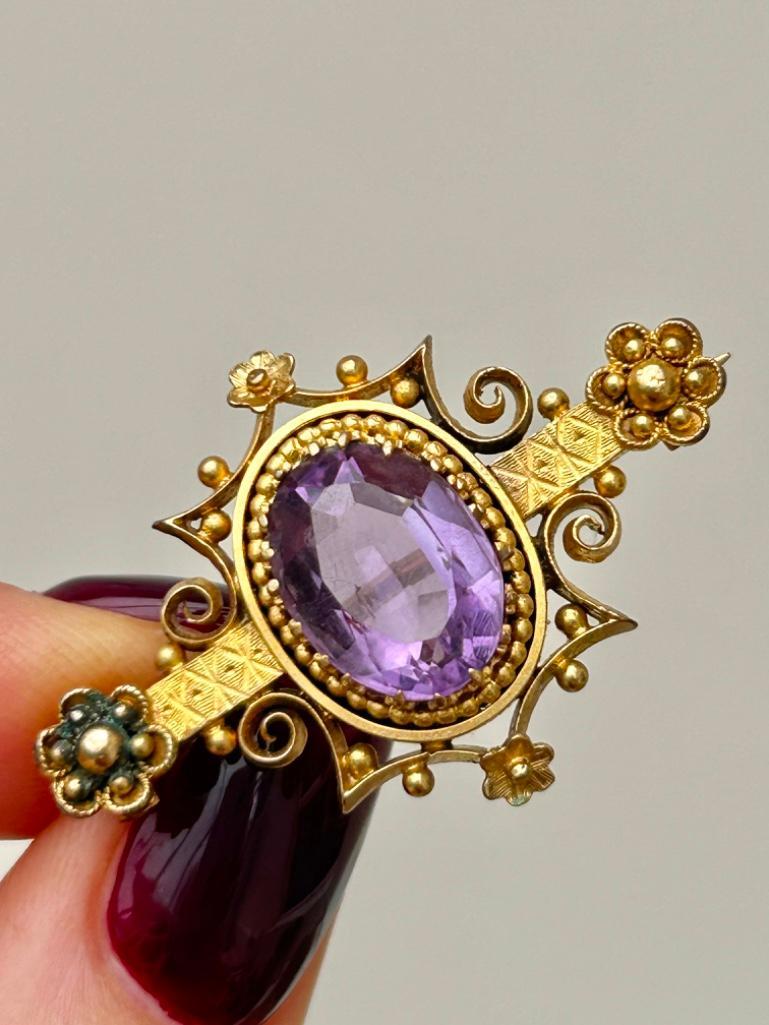 Victorian 15ct Gold Amethyst Brooch - Image 4 of 6
