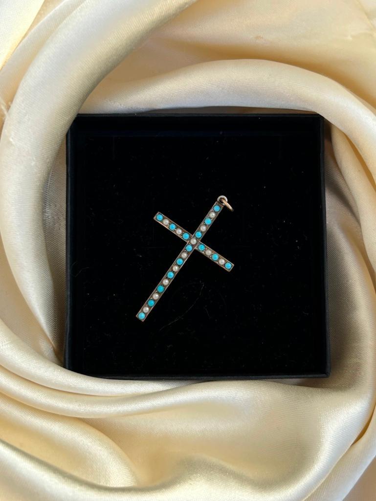 Antique Gold Turquoise and Pearl Large Cross Pendant - Image 3 of 3