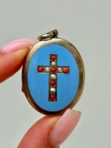 Antique Large Enamel Coral and Pearl Gold Locket Pendant