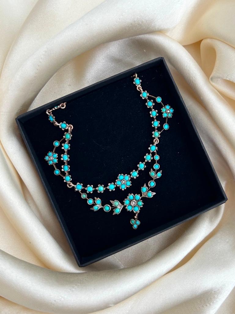 Antique Late Georgian Turquoise and Pearl Gold Necklace - Image 2 of 7