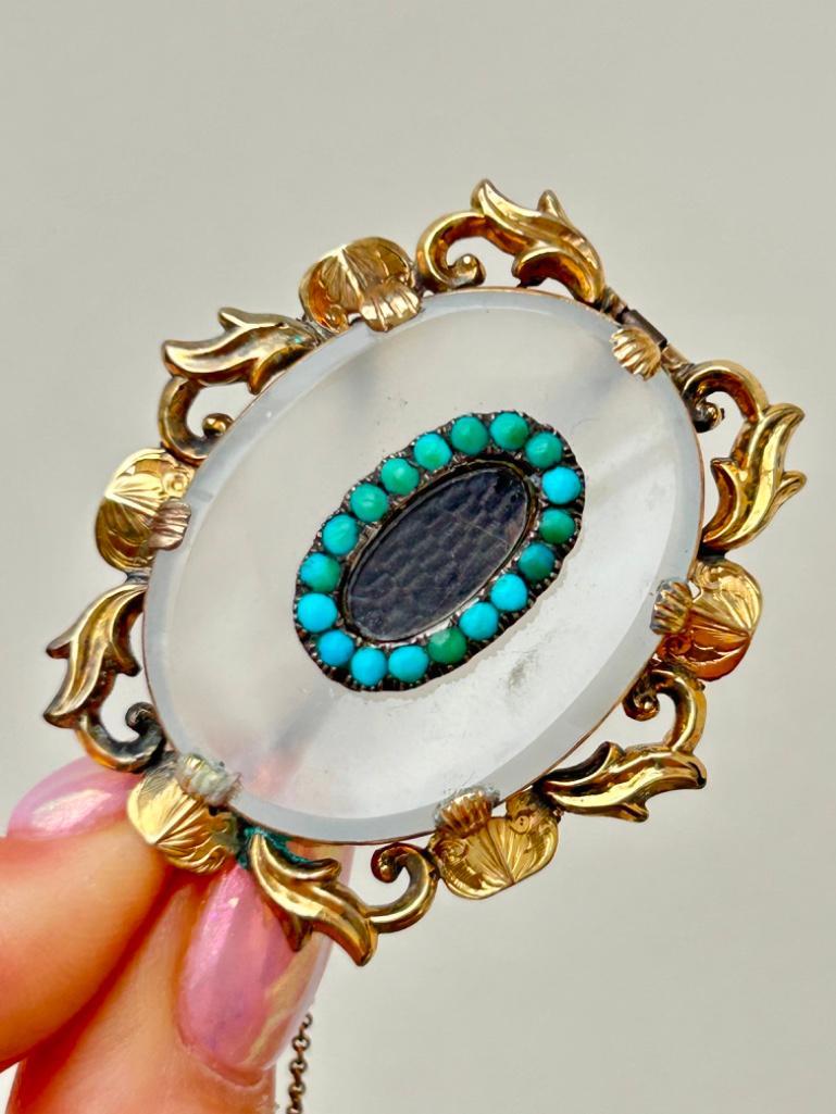 Antique Gold Chalcedony & Turquoise Hair Large Brooch