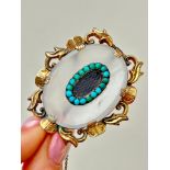 Antique Gold Chalcedony & Turquoise Hair Large Brooch