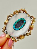 Antique Gold Chalcedony & Turquoise Hair Large Brooch