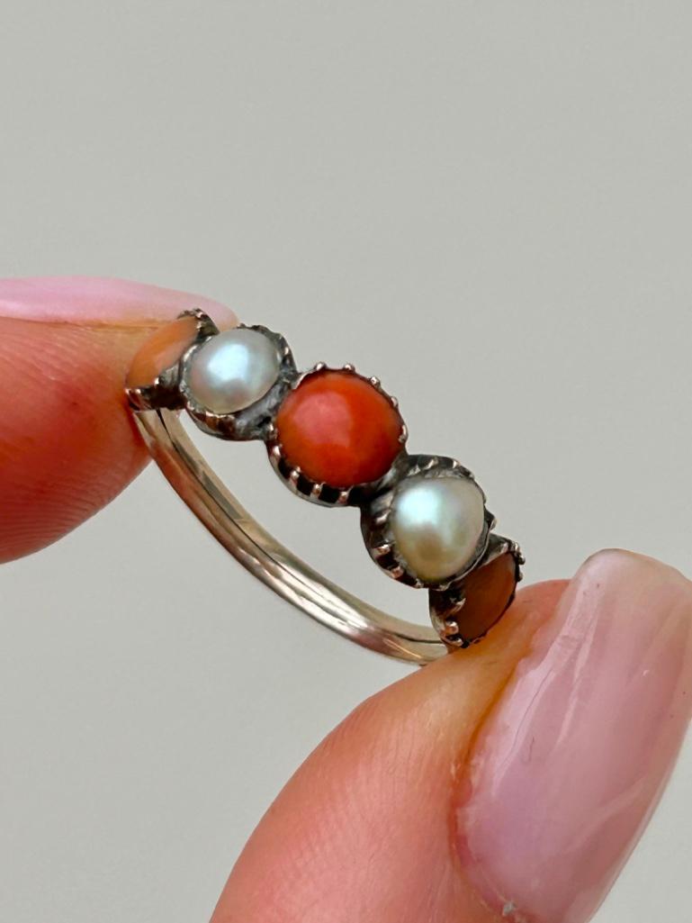 Antique Georgian Era Coral and Pearl Half Hoop Ring in Gold - Image 6 of 7