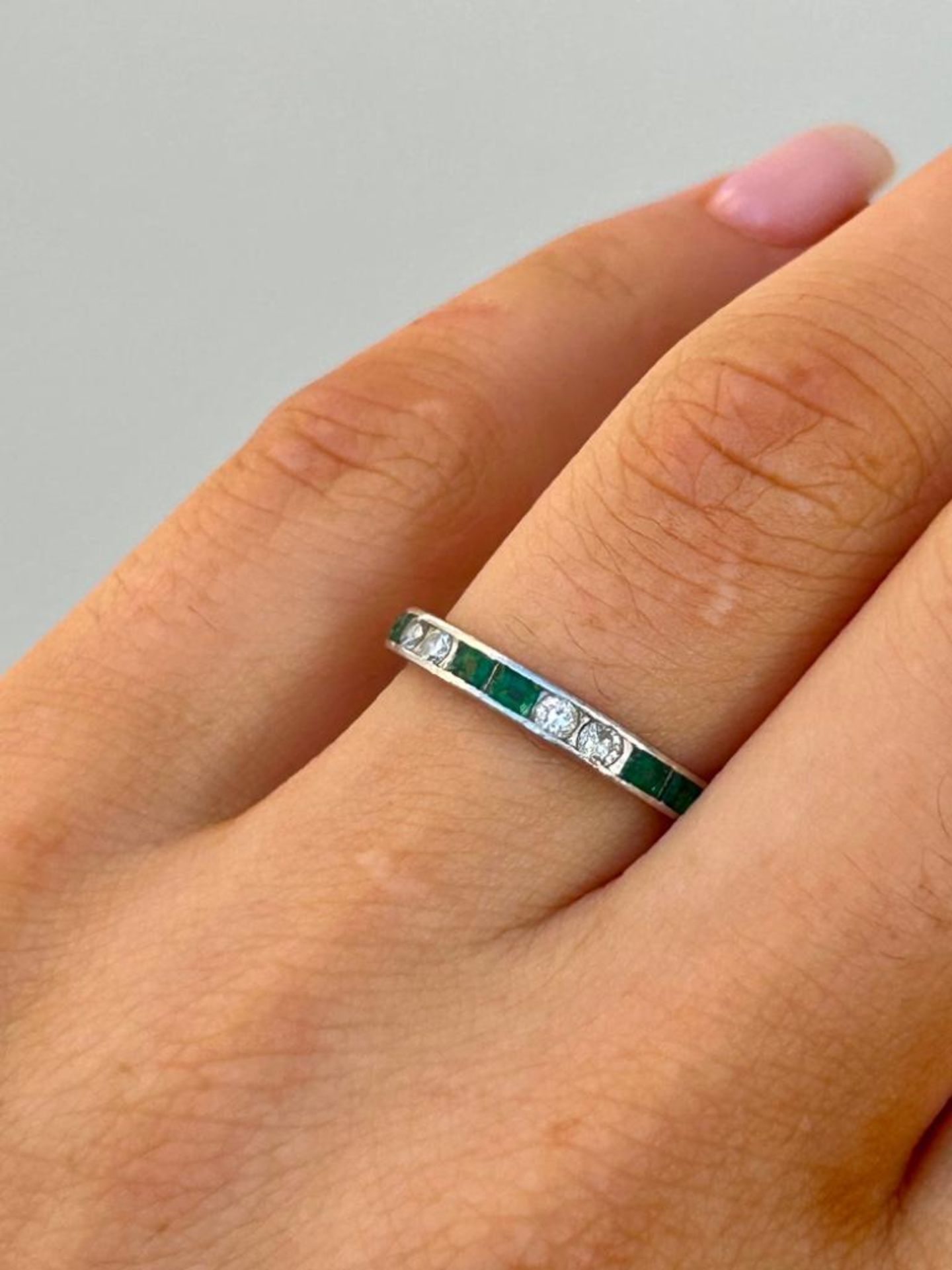 Vintage Emerald and Diamond Full Eternity Band Ring in 18ct White Gold