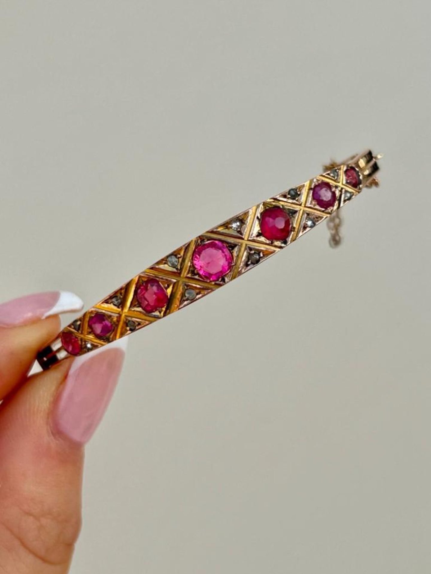 Antique Gold Pink Tourmaline and Diamond Bangle Bracelet - Image 4 of 11