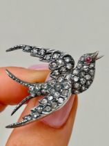 Large Antique 18ct Gold and Silver Diamond and Ruby Eye Bird / Swallow Brooch