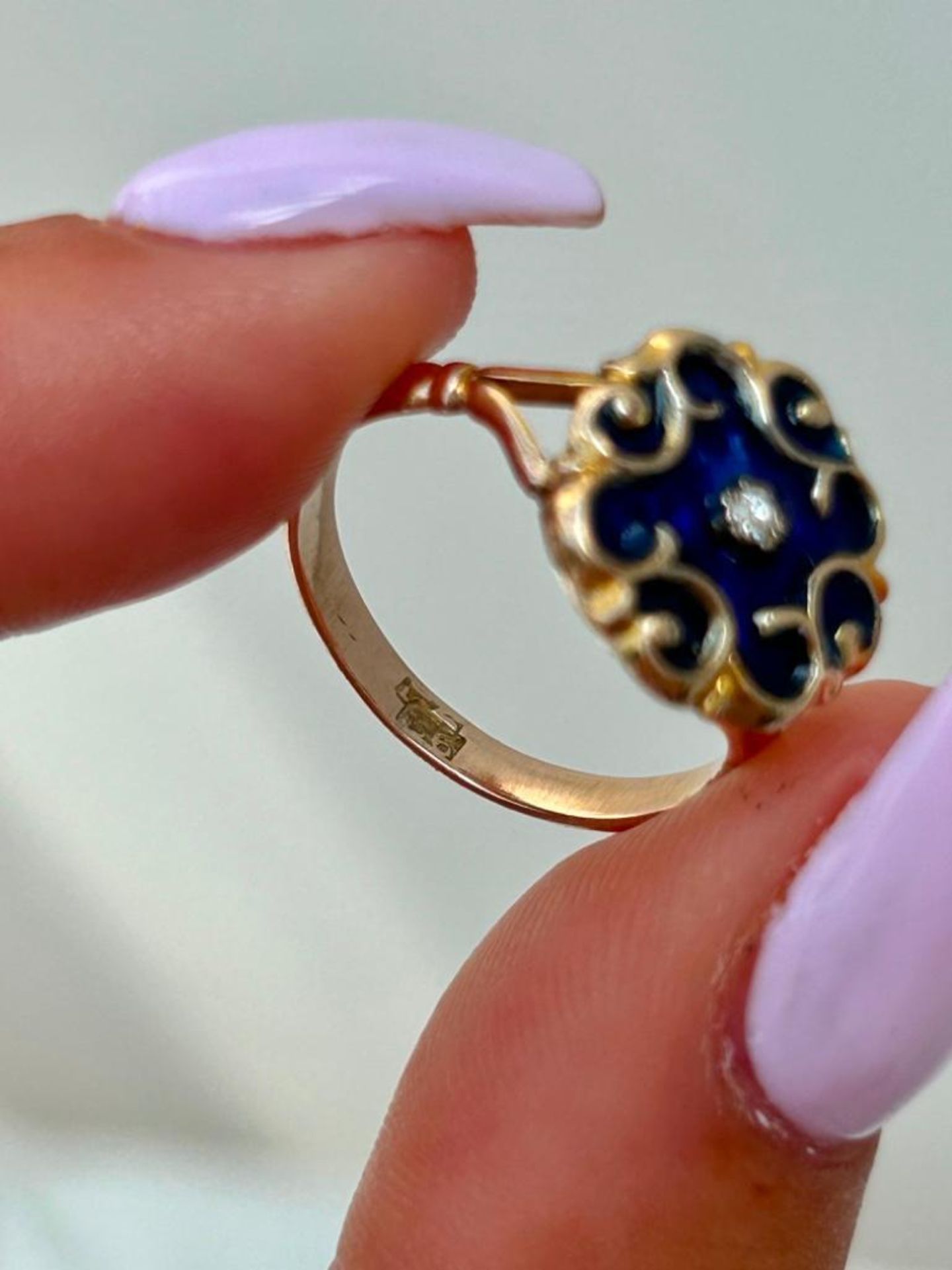 Gold Blue Enamel and Diamond Flower Ring - Image 6 of 6