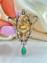 Antique Rose Cut Diamond Turquoise Hearts and Flower Brooch