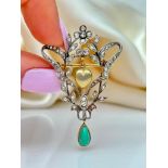 Antique Rose Cut Diamond Turquoise Hearts and Flower Brooch