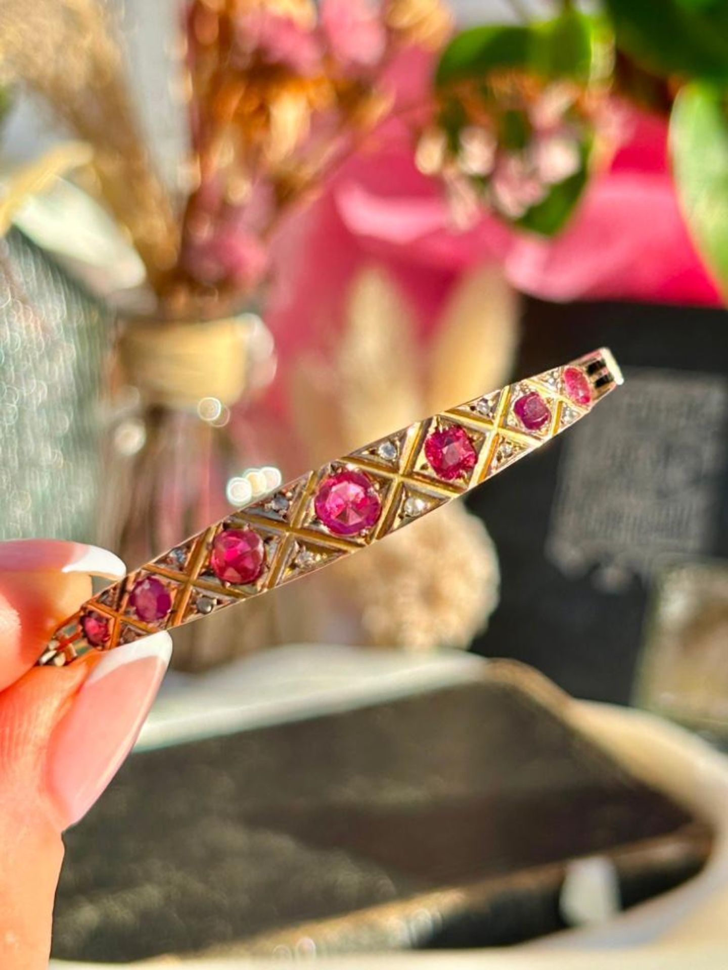 Antique Gold Pink Tourmaline and Diamond Bangle Bracelet - Image 8 of 11