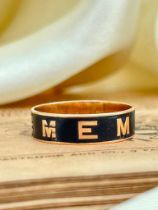 Antique Black Enamel Mourning Band Ring with Inscription in 18ct Yellow Gold