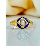 Antique Blue Enamel Diamond and Pearl Star Ring