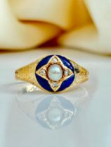 Antique Blue Enamel Diamond and Pearl Star Ring