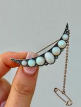 Antique Gold Opal Opal and Diamond Crescent Brooch