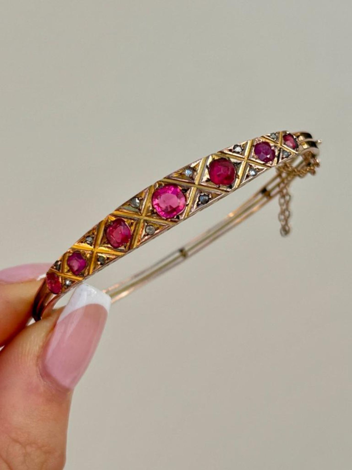 Antique Gold Pink Tourmaline and Diamond Bangle Bracelet - Image 5 of 11