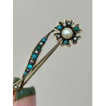 Antique Yellow Gold Turquoise and Pearl Flower Brooch