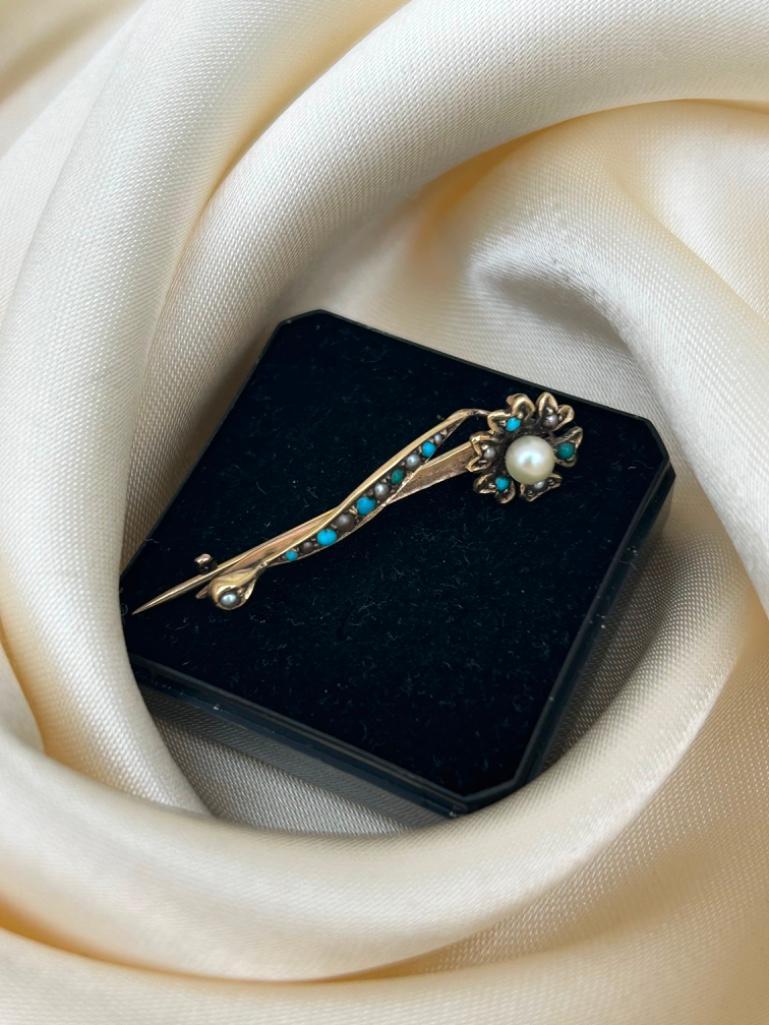 Antique Yellow Gold Turquoise and Pearl Flower Brooch - Image 5 of 5