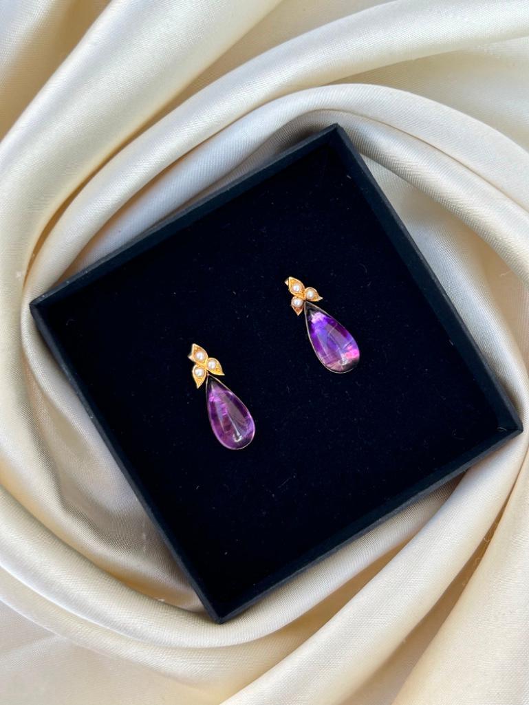 Antique Gold Cabochon Amethyst and Pearl Drop Earrings - Image 6 of 7