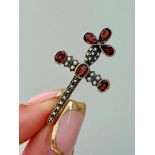 Antique Garnet and Pearl Cross Brooch in Gold