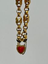 Antique Gold Fancy Link Bracelet with Carved Coral Heart Padlock Fastener