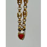 Antique Gold Fancy Link Bracelet with Carved Coral Heart Padlock Fastener