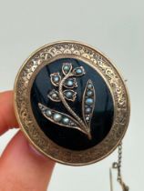 Huge Antique Gold Locket Back Mourning Brooch with Pearl and Enamel