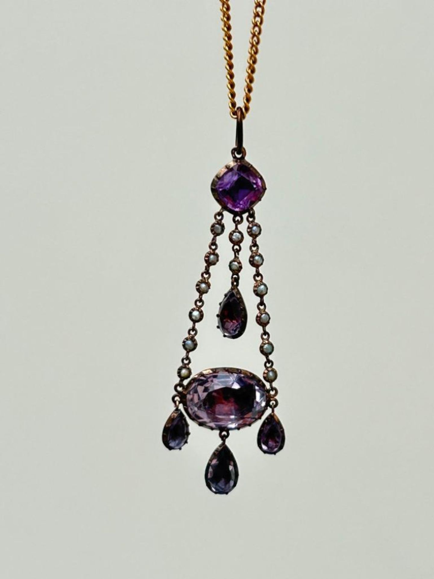 Georgian Era Foiled Amethyst and Pearl Pendant on Chain - Image 2 of 6