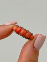 Chunky Antique Yellow Gold Coral and Diamond 5 Stone Ring