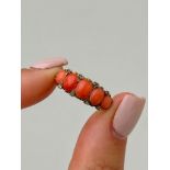 Chunky Antique Yellow Gold Coral and Diamond 5 Stone Ring