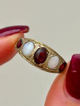 Silver Gilt Opal and Garnet 5 Stone Boat Shaped Ring