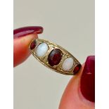 Silver Gilt Opal and Garnet 5 Stone Boat Shaped Ring